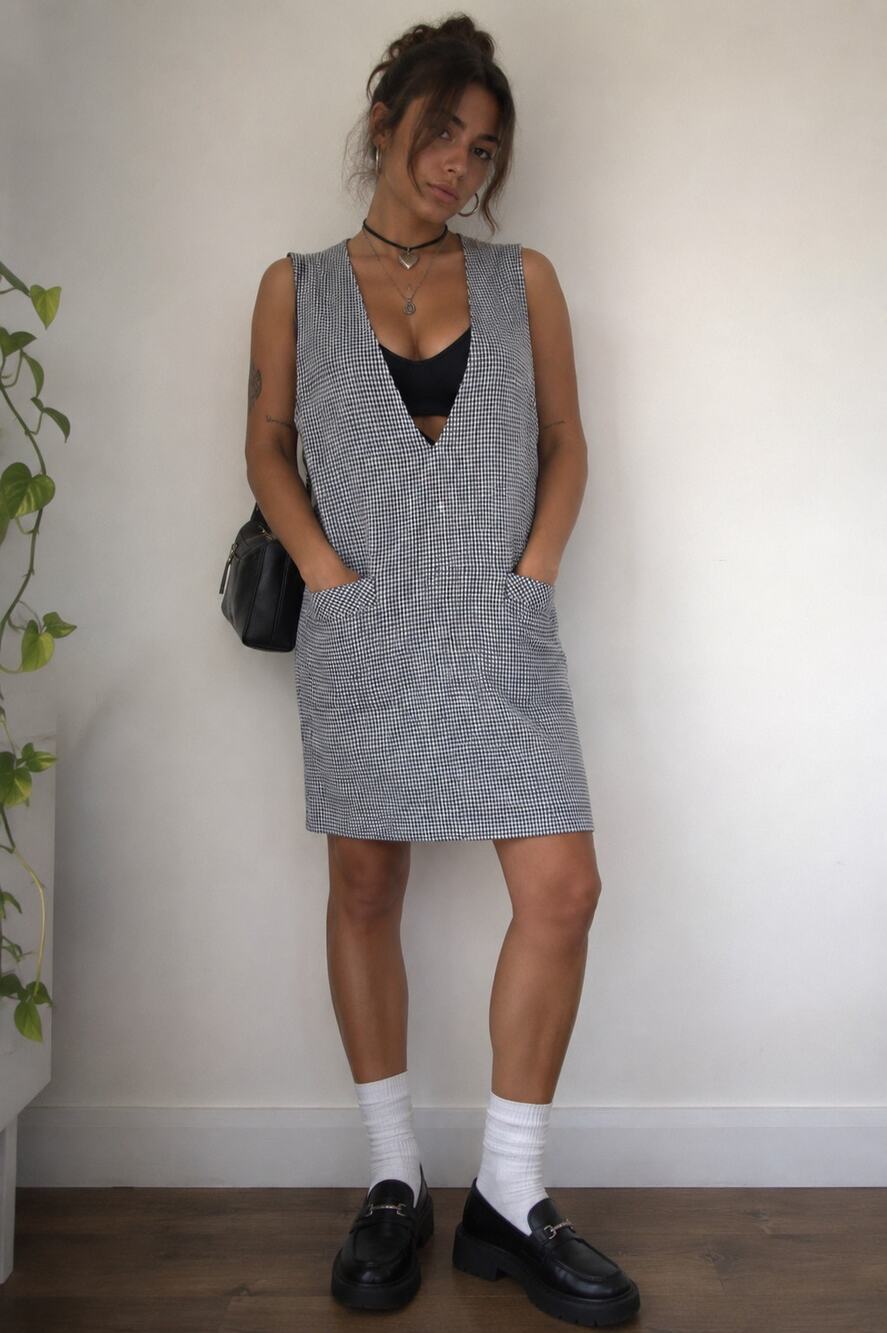 Vtg 90s Houndstooth Pullover Pinafore Dress MP Preppy Academia School Girl Twee